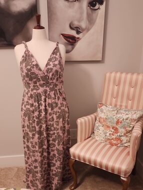 Garnet Hill Pink and Olive Floral Strapless Maxi Dress Size XL